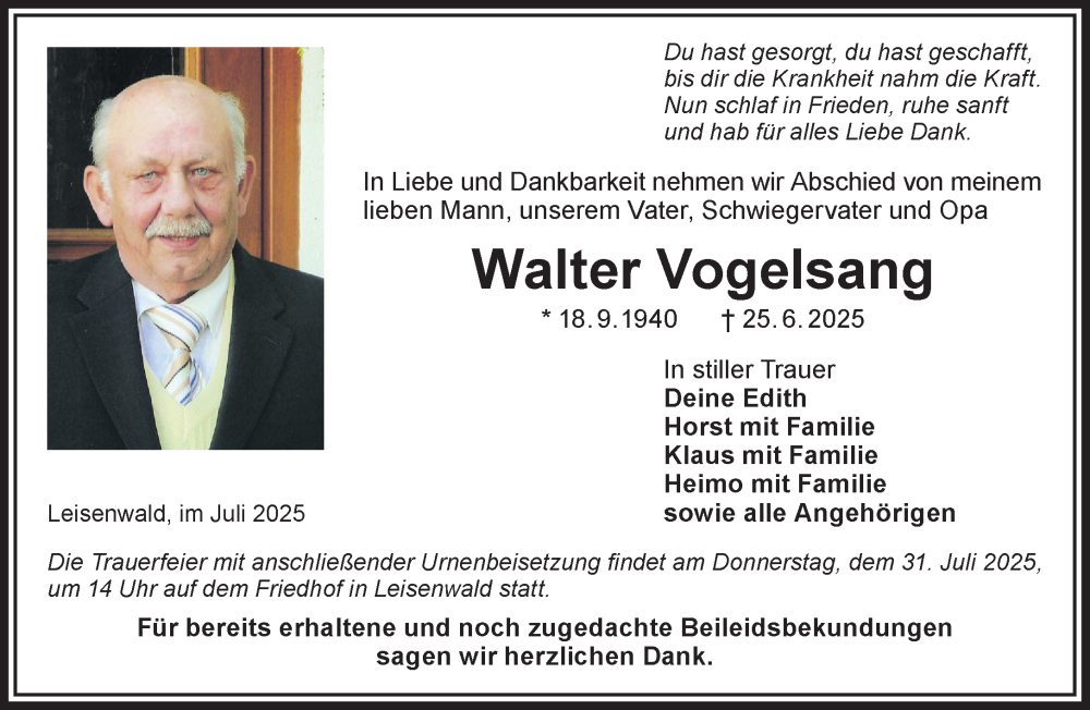  Traueranzeige für Walter Vogelsang vom 26.07.2025 aus Gelnhäuser Neue Zeitung