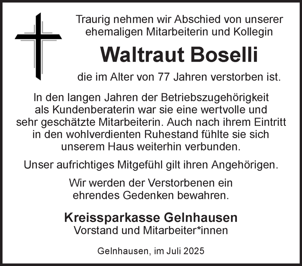  Traueranzeige für Waltraut Boselli vom 15.07.2025 aus Gelnhäuser Neue Zeitung