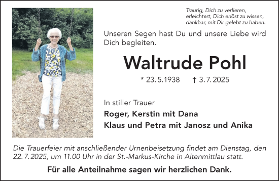 Traueranzeige von Waltrude Pohl von Gelnhäuser Neue Zeitung