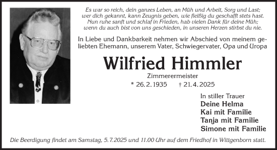 Traueranzeige von Wilfried Himmler von Gelnhäuser Neue Zeitung