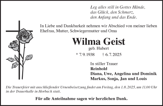 Traueranzeige von Wilma Geist von Mittelhessen-Bote
