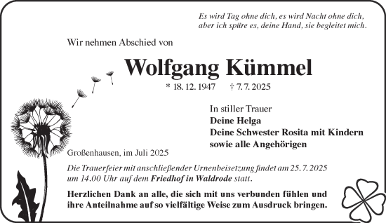 Traueranzeige von Wolfgang Kümmel von Mittelhessen-Bote
