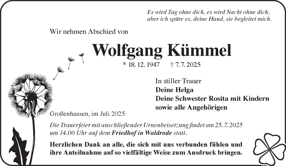  Traueranzeige für Wolfgang Kümmel vom 19.07.2025 aus Mittelhessen-Bote