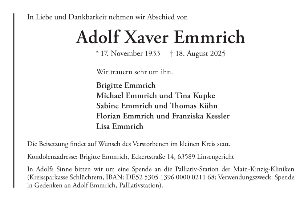  Traueranzeige für Adolf Xaver Emmrich vom 30.08.2025 aus Gelnhäuser Neue Zeitung