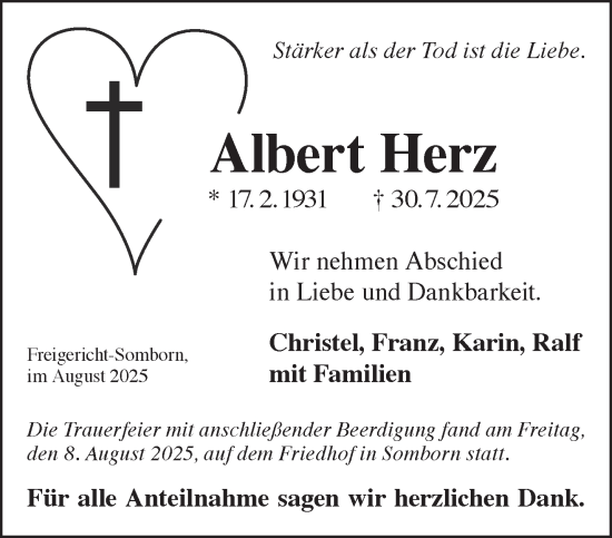 Traueranzeige von Albert Herz von Mittelhessen-Bote