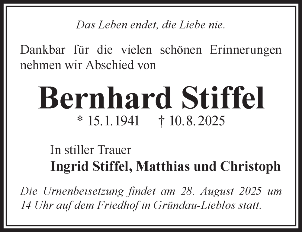  Traueranzeige für Bernhard Stiffel vom 23.08.2025 aus Gelnhäuser Neue Zeitung