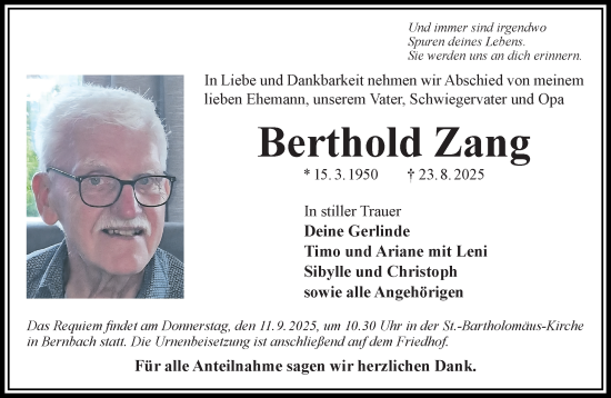 Traueranzeige von Berthold Zang von Gelnhäuser Neue Zeitung