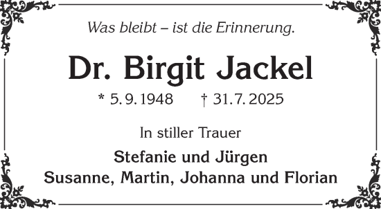 Traueranzeige von Birgit Jackel von Gelnhäuser Neue Zeitung