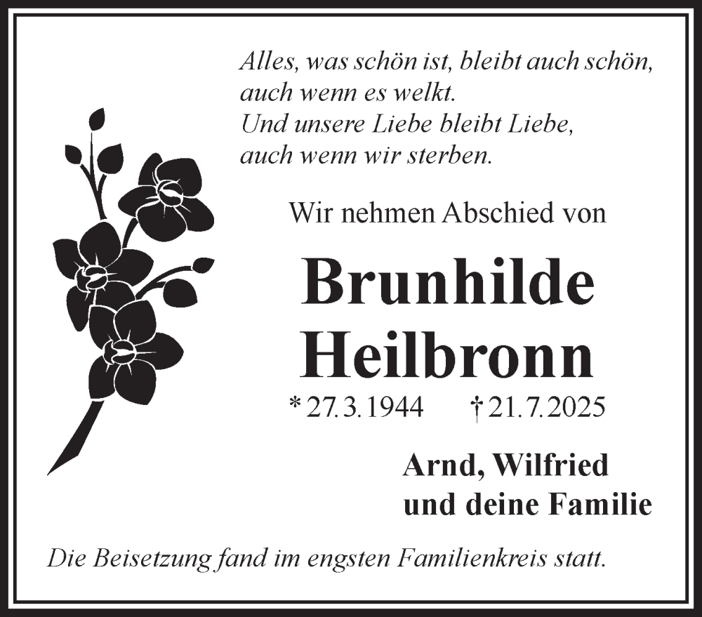  Traueranzeige für Brunhilde Heilbronn vom 09.08.2025 aus Gelnhäuser Neue Zeitung