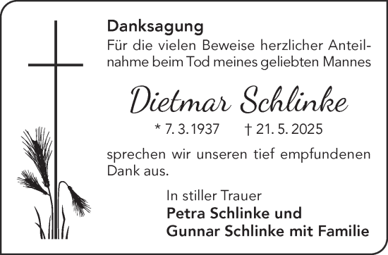 Traueranzeige von Dietmar Schlinke von Gelnhäuser Neue Zeitung