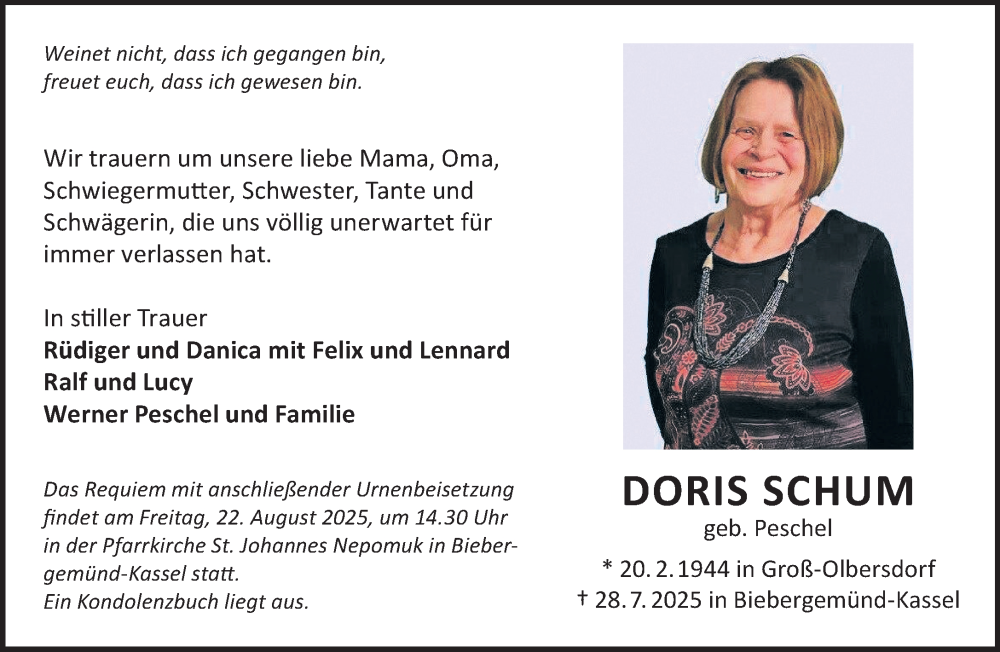  Traueranzeige für Doris Schum vom 09.08.2025 aus Gelnhäuser Neue Zeitung