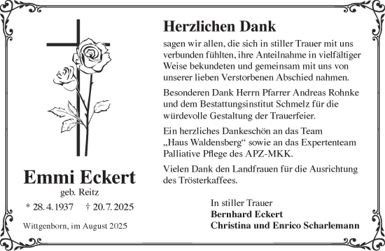 Traueranzeige von Emmi Eckert von Gelnhäuser Neue Zeitung