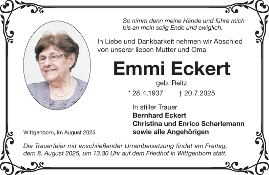 Traueranzeige von Emmi Eckert von Gelnhäuser Neue Zeitung