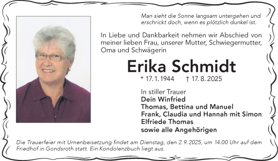 Traueranzeige von Erika Schmidt von Gelnhäuser Neue Zeitung