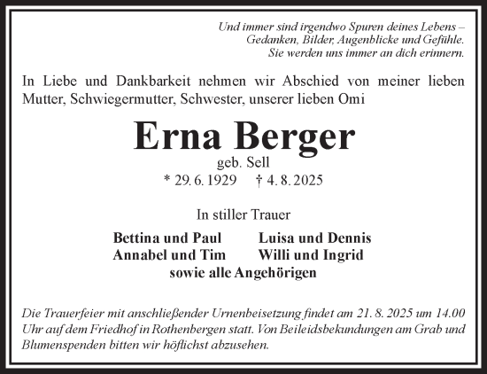 Traueranzeige von Erna Berger von Gelnhäuser Neue Zeitung