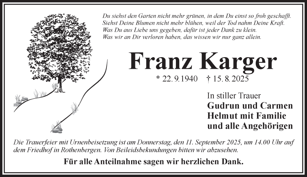  Traueranzeige für Franz Karger vom 30.08.2025 aus Gelnhäuser Neue Zeitung