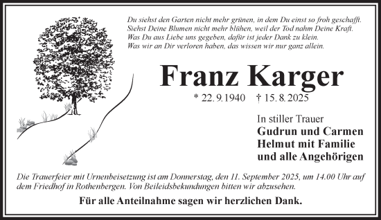 Traueranzeige von Franz Karger von Gelnhäuser Neue Zeitung