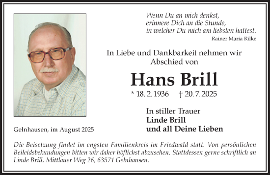 Traueranzeige von Hans Brill von Gelnhäuser Neue Zeitung