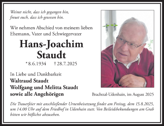 Traueranzeige von Hans-Joachim Staudt von Gelnhäuser Neue Zeitung