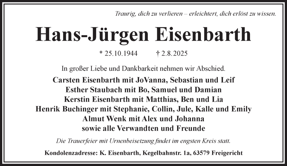  Traueranzeige für Hans-Jürgen Eisenbarth vom 09.08.2025 aus Gelnhäuser Neue Zeitung