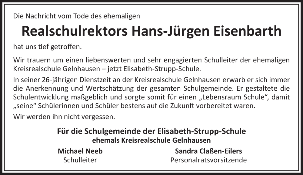  Traueranzeige für Hans-Jürgen Eisenbarth vom 23.08.2025 aus Gelnhäuser Neue Zeitung