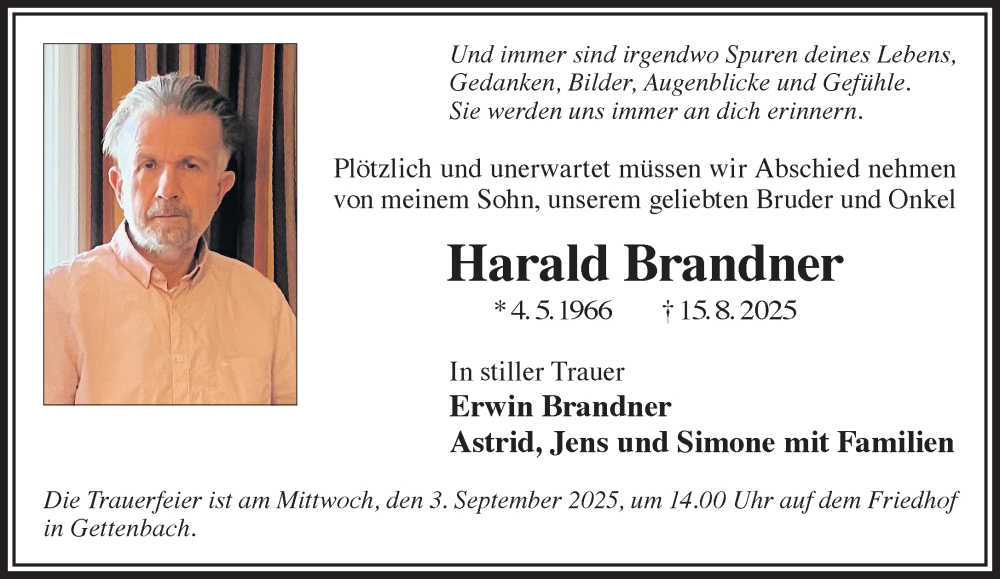  Traueranzeige für Harald Brandner vom 30.08.2025 aus Mittelhessen-Bote