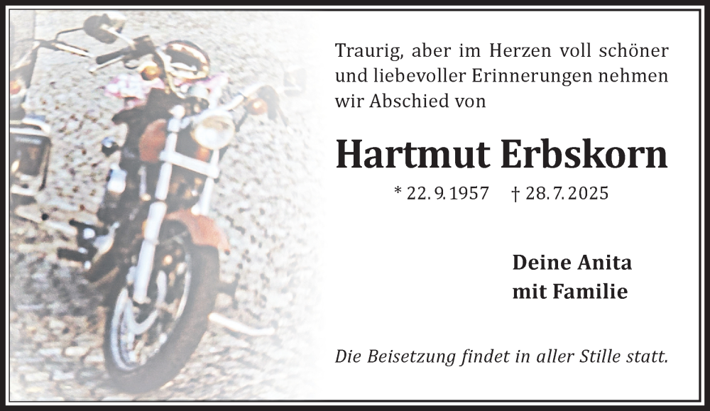  Traueranzeige für Hartmut Erbskorn vom 16.08.2025 aus Mittelhessen-Bote