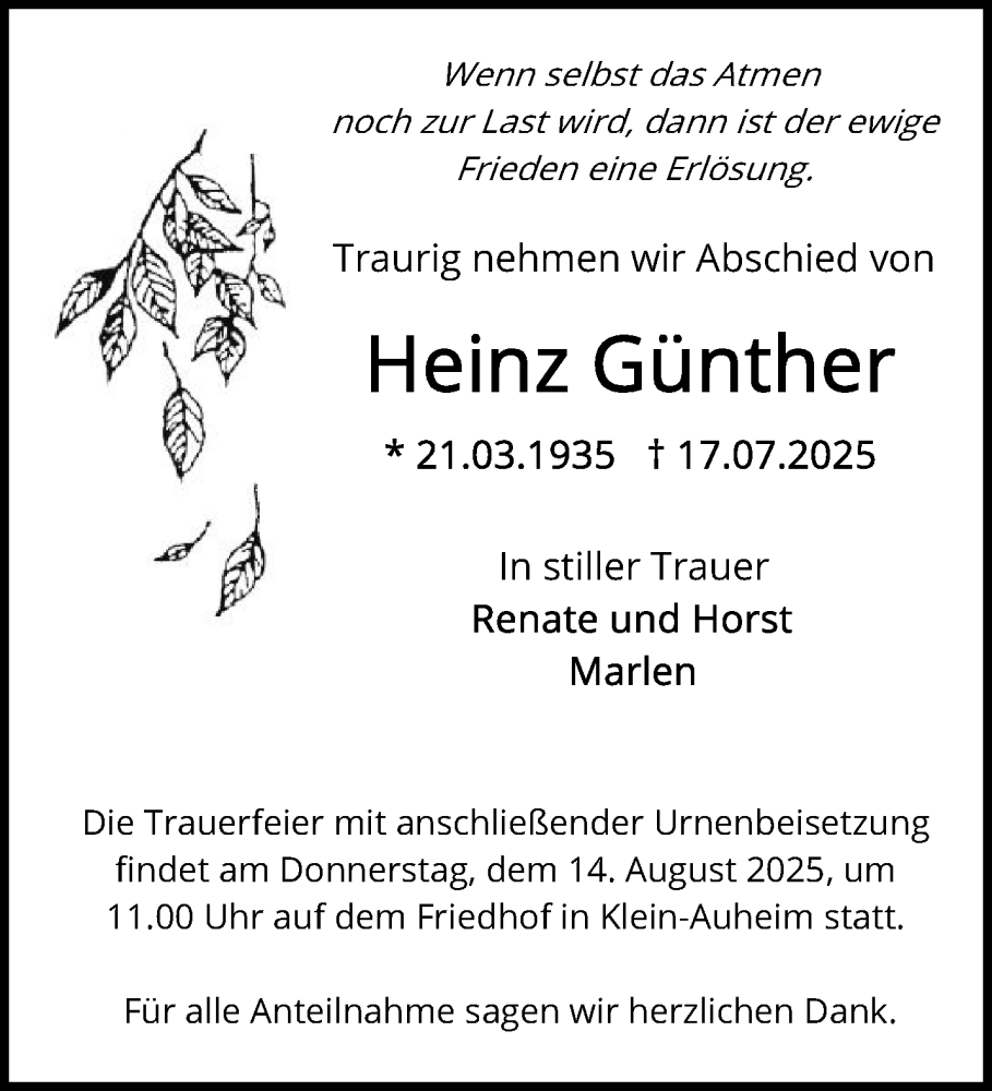  Traueranzeige für Heinz Günther vom 09.08.2025 aus Mittelhessen-Bote