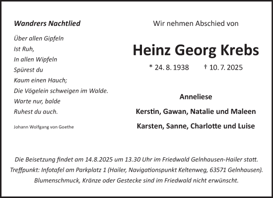 Traueranzeige von Heinz Georg Krebs von Gelnhäuser Neue Zeitung