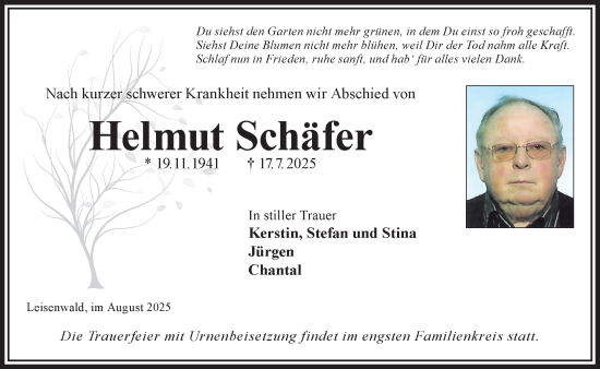 Traueranzeige von Helmut Schäfer von Gelnhäuser Neue Zeitung