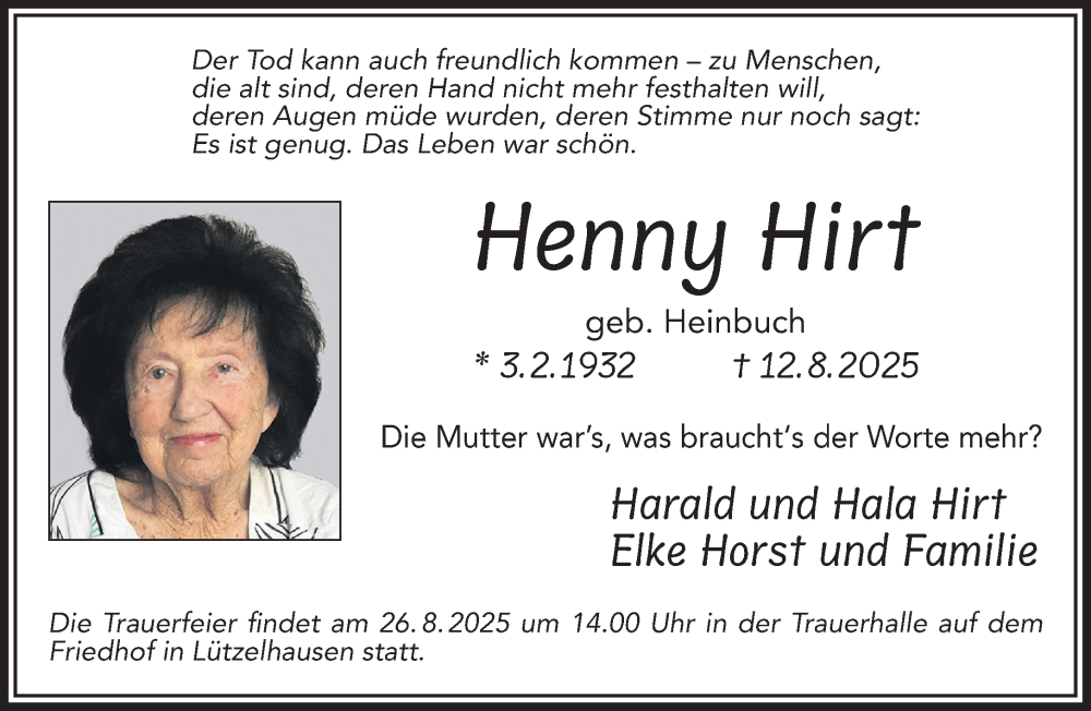  Traueranzeige für Henny Hirt vom 23.08.2025 aus Gelnhäuser Neue Zeitung
