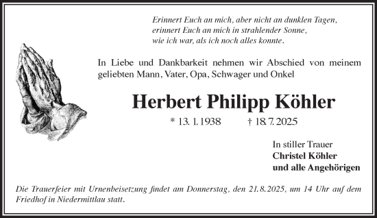 Traueranzeige von Herbert Philipp Köhler von Gelnhäuser Neue Zeitung