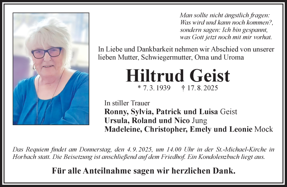  Traueranzeige für Hiltrud Geist vom 30.08.2025 aus Gelnhäuser Neue Zeitung