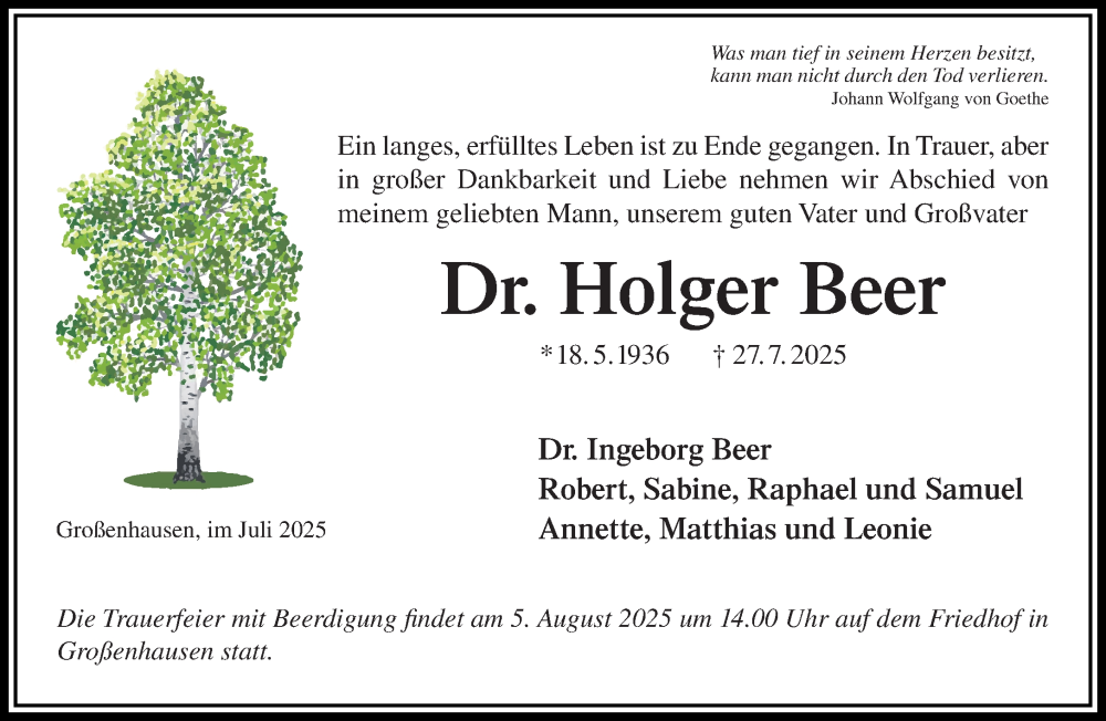  Traueranzeige für Holger Beer vom 02.08.2025 aus Mittelhessen-Bote