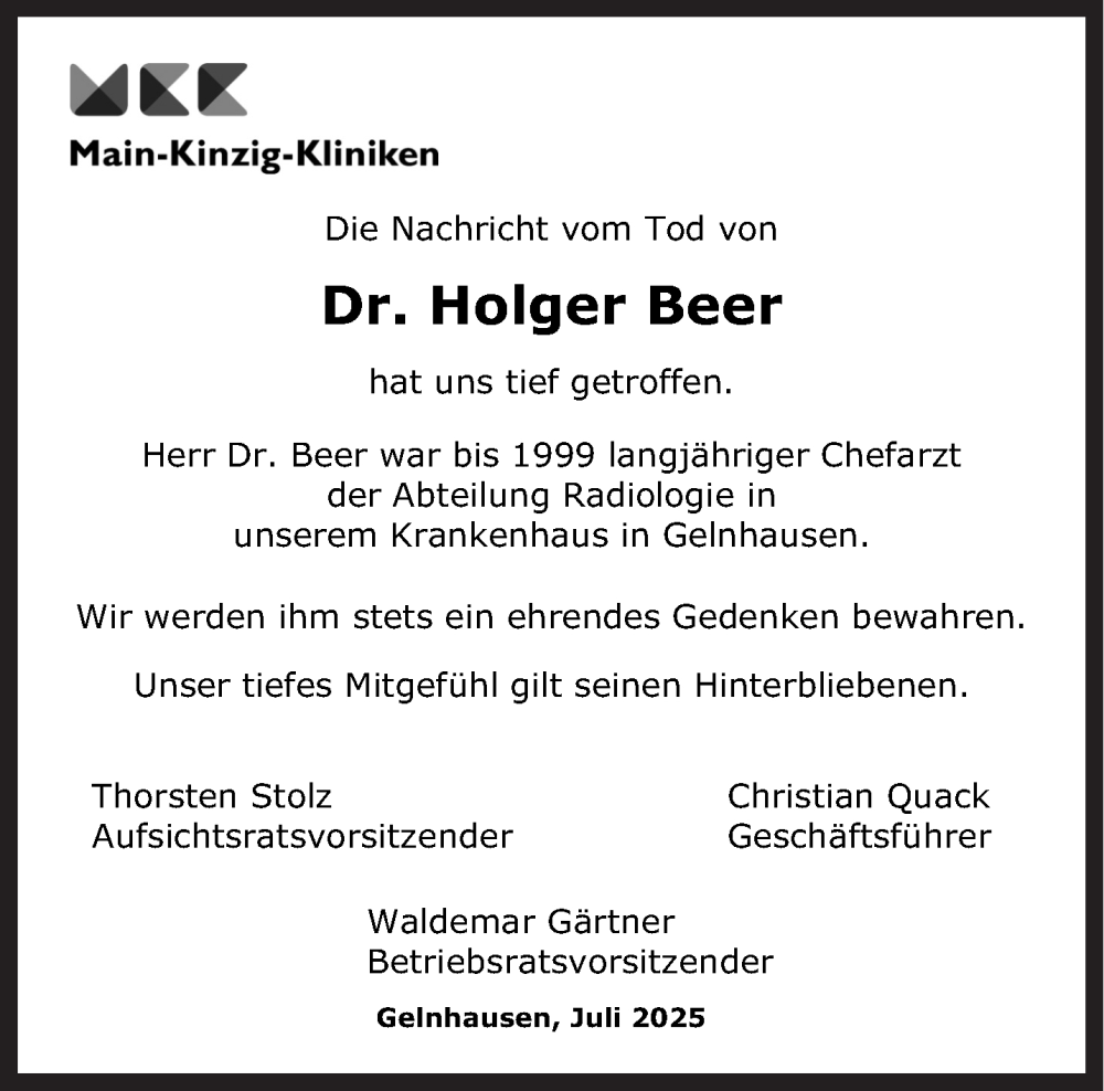  Traueranzeige für Holger Beer vom 09.08.2025 aus Gelnhäuser Neue Zeitung