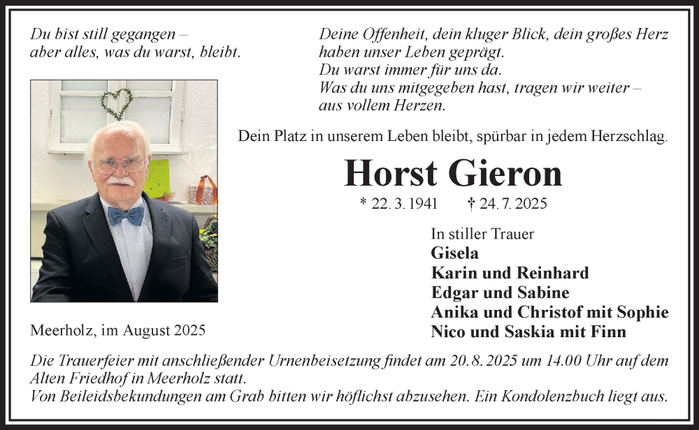  Traueranzeige für Horst Gieron vom 09.08.2025 aus Gelnhäuser Neue Zeitung