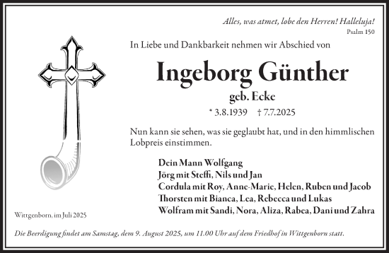Traueranzeige von Ingeborg Günther von Mittelhessen-Bote