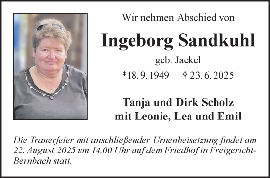 Traueranzeige von Ingeborg Sandkuhl von Gelnhäuser Neue Zeitung