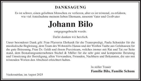 Traueranzeige von Johann Bilo von Gelnhäuser Neue Zeitung