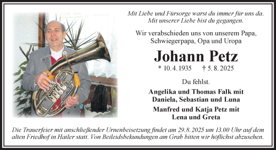 Traueranzeige von Johann Petz von Gelnhäuser Neue Zeitung