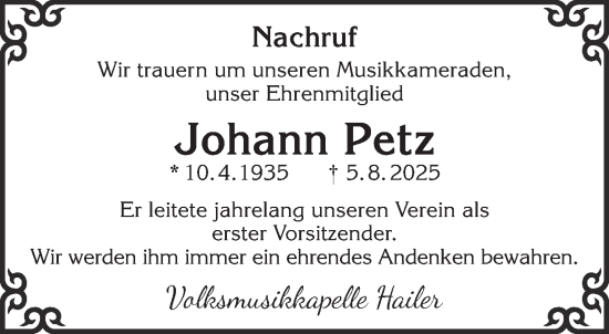 Traueranzeige von Johann Petz von Mittelhessen-Bote