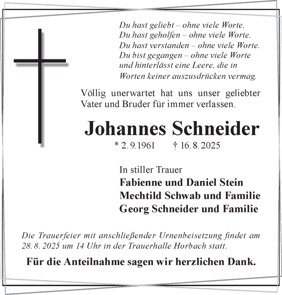  Traueranzeige für Johannes Schneider vom 23.08.2025 aus Gelnhäuser Neue Zeitung