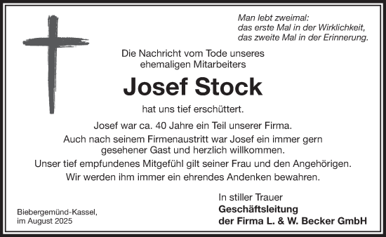 Traueranzeige von Josef Stock von Gelnhäuser Neue Zeitung