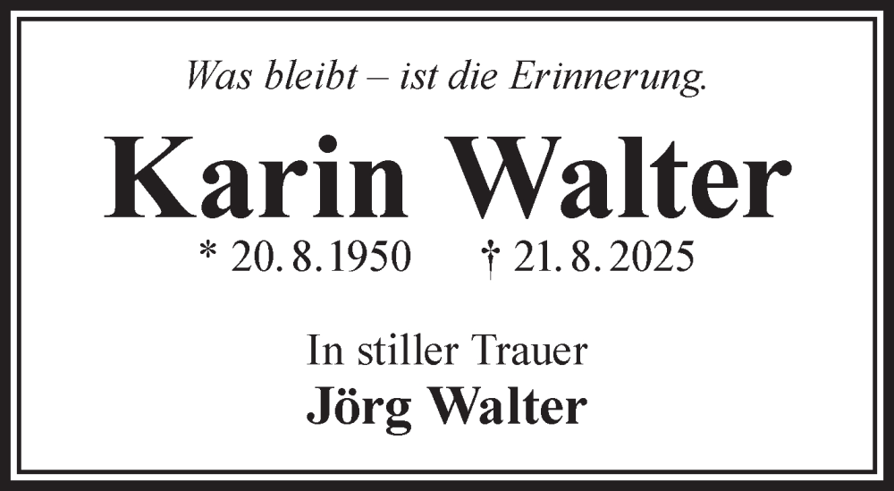  Traueranzeige für Karin Walter vom 30.08.2025 aus Mittelhessen-Bote