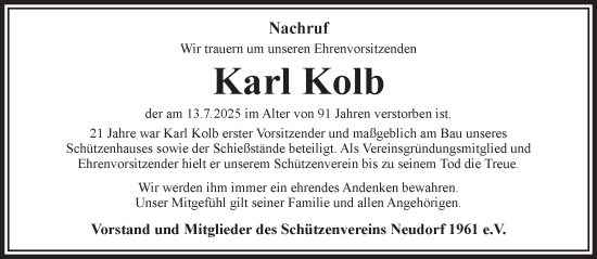 Traueranzeige von Karl Kolb von Gelnhäuser Neue Zeitung