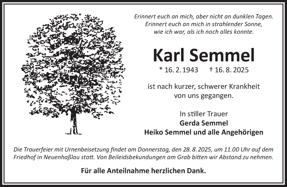  Traueranzeige für Karl Semmel vom 23.08.2025 aus Gelnhäuser Neue Zeitung