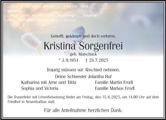Traueranzeige von Kristina Sorgenfrei von Gelnhäuser Neue Zeitung