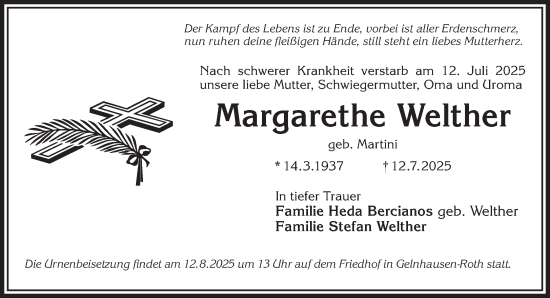 Traueranzeige von Margarethe Welther von Mittelhessen-Bote