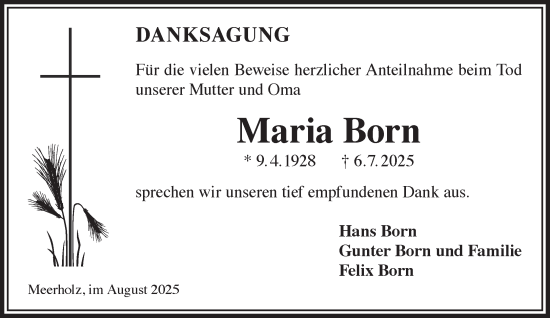 Traueranzeige von Maria Born von Gelnhäuser Neue Zeitung