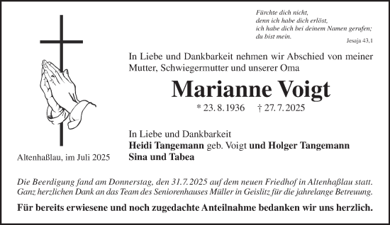 Traueranzeige von Marianne Voigt von Mittelhessen-Bote